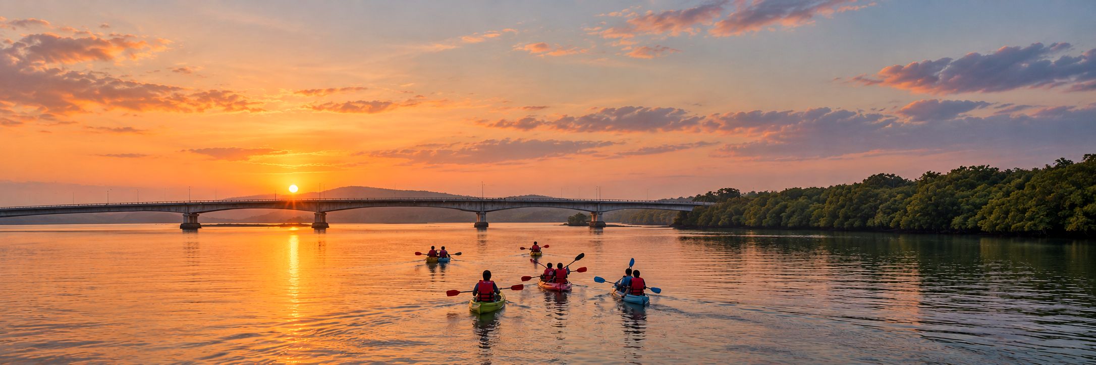 Kayakers paddling towards the Kolamb bridge as the sun sets behind it
